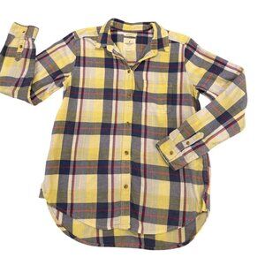 American Eagle Womens Yellow & Blue Plaid Button-Up Shirt Boyfriend Fit